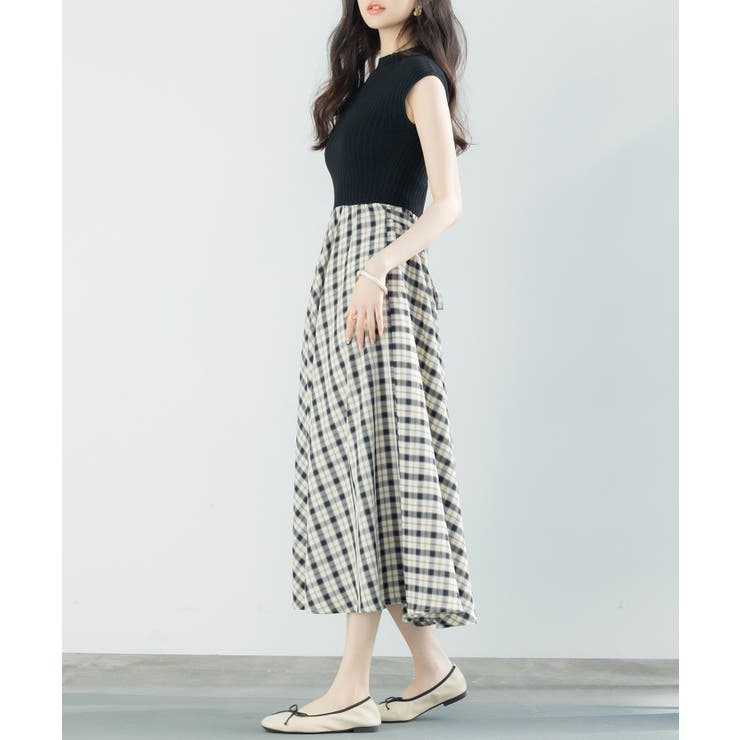 ニットトップスとチェック柄スカートのドッキングワンピース | SAISON DE PAPILLON  | 詳細画像13 