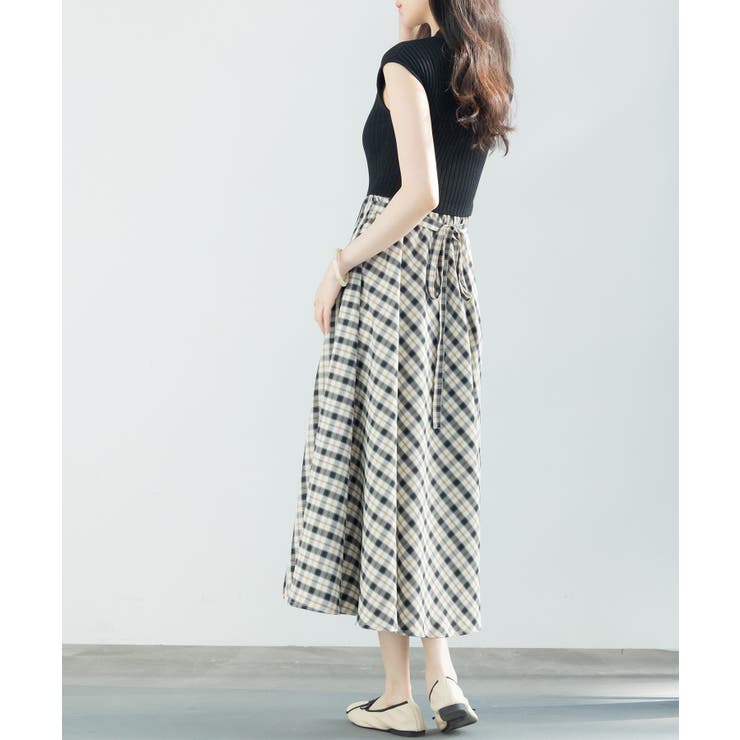 ニットトップスとチェック柄スカートのドッキングワンピース | SAISON DE PAPILLON  | 詳細画像14 