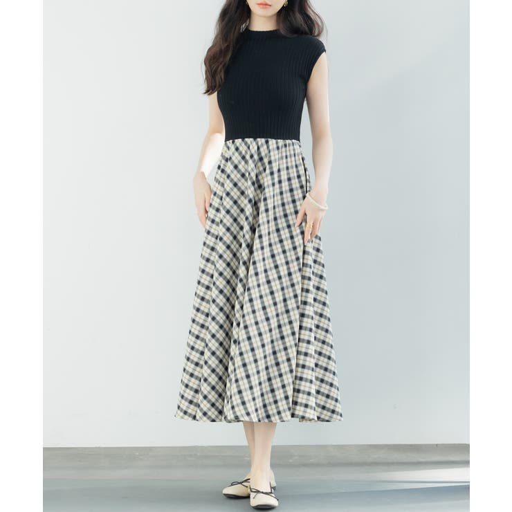 ニットトップスとチェック柄スカートのドッキングワンピース | SAISON DE PAPILLON  | 詳細画像16 