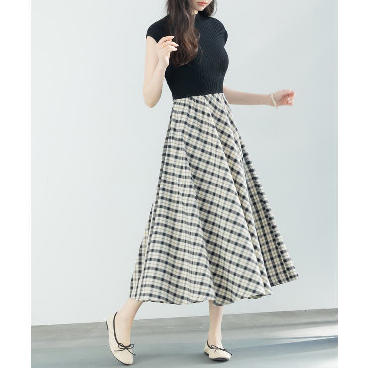 ニットトップスとチェック柄スカートのドッキングワンピース | SAISON DE PAPILLON  | 詳細画像17 