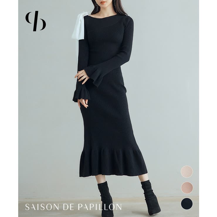 布帛とニットドッキングしたリボンワンピース | SAISON DE PAPILLON  | 詳細画像1 