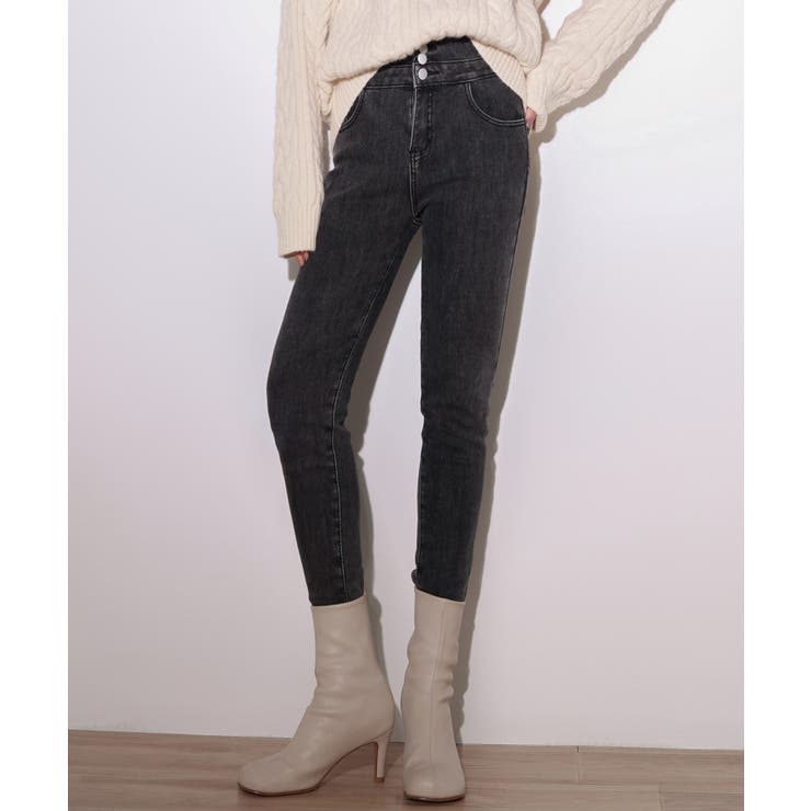 ブラック | 裏起毛ハイウエストストレッチスキニーデニムパンツ | SAISON DE PAPILLON 