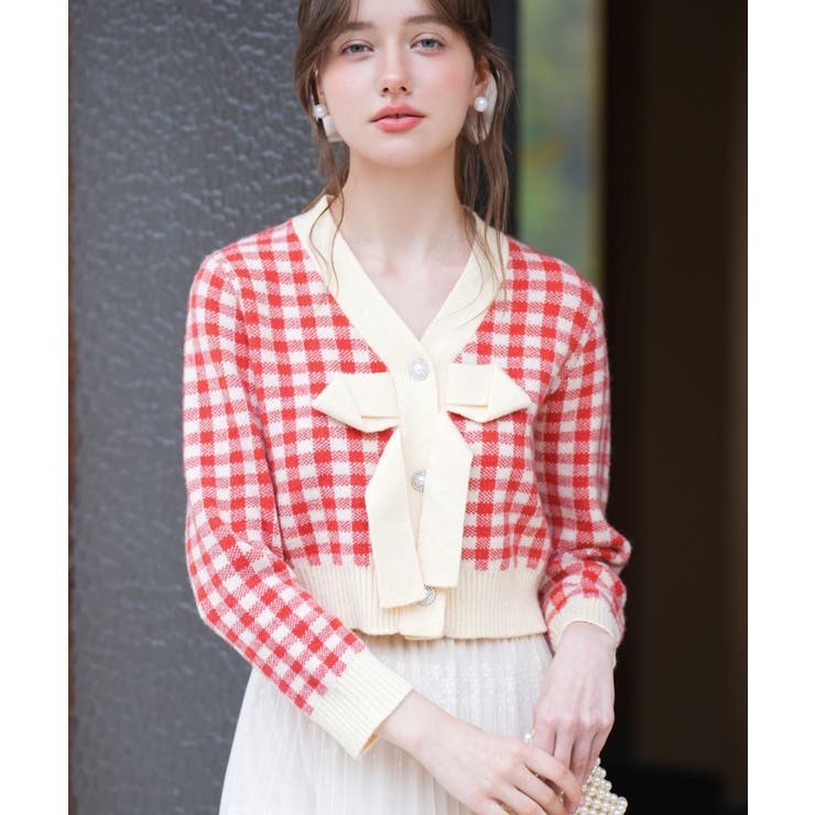 フロントリボンギンガムチェックニットプルオーバー[品番：DSSW0004013