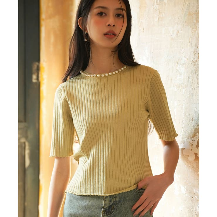 ライム | パールネック付きショート丈サマーニット | SAISON DE PAPILLON 