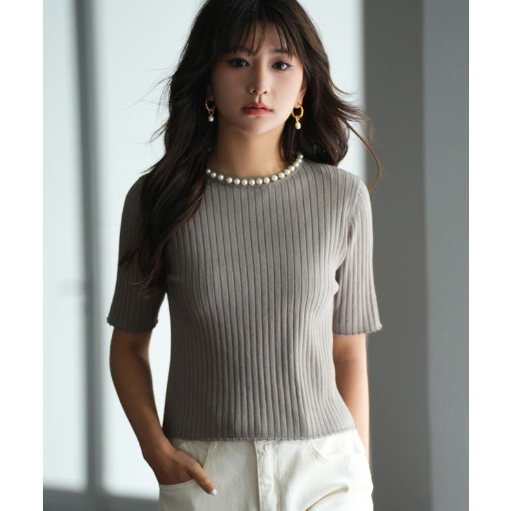 モカ | パールネック付きショート丈サマーニット | SAISON DE PAPILLON 