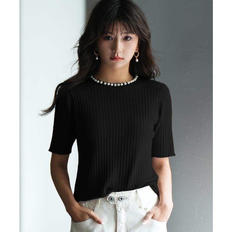 ブラック | パールネック付きショート丈サマーニット | SAISON DE PAPILLON 