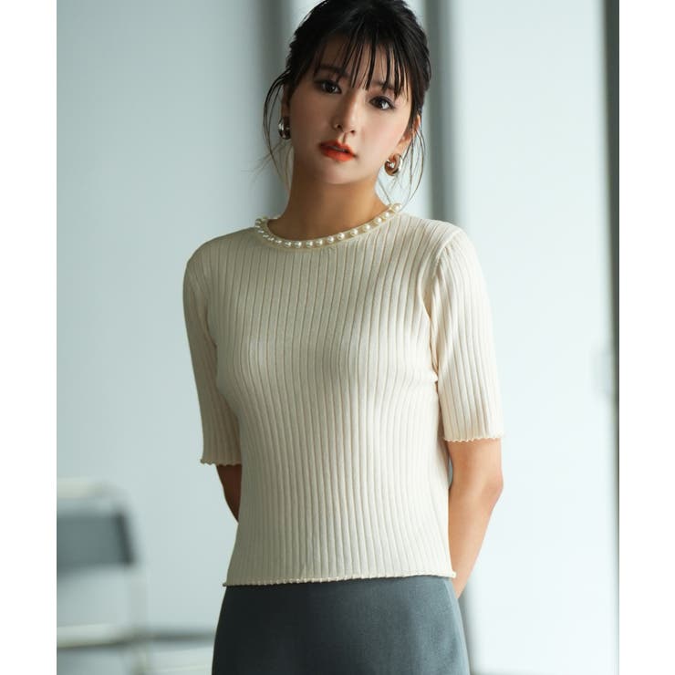 パールネック付きショート丈サマーニット | SAISON DE PAPILLON  | 詳細画像3 