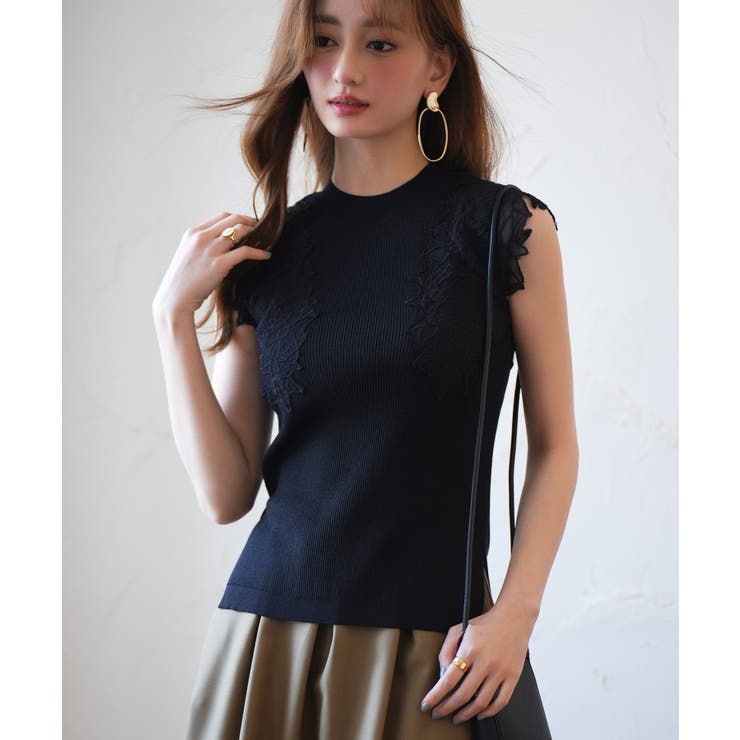 ブラック | レースモチーフスリーブサマーリブニット | SAISON DE PAPILLON 