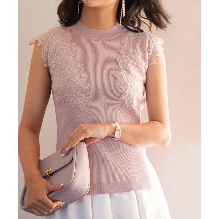 ピンク | レースモチーフスリーブサマーリブニット | SAISON DE PAPILLON 