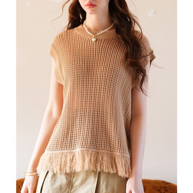 ベージュ | 透かし編みフリンジデザインサマーニット | SAISON DE PAPILLON 