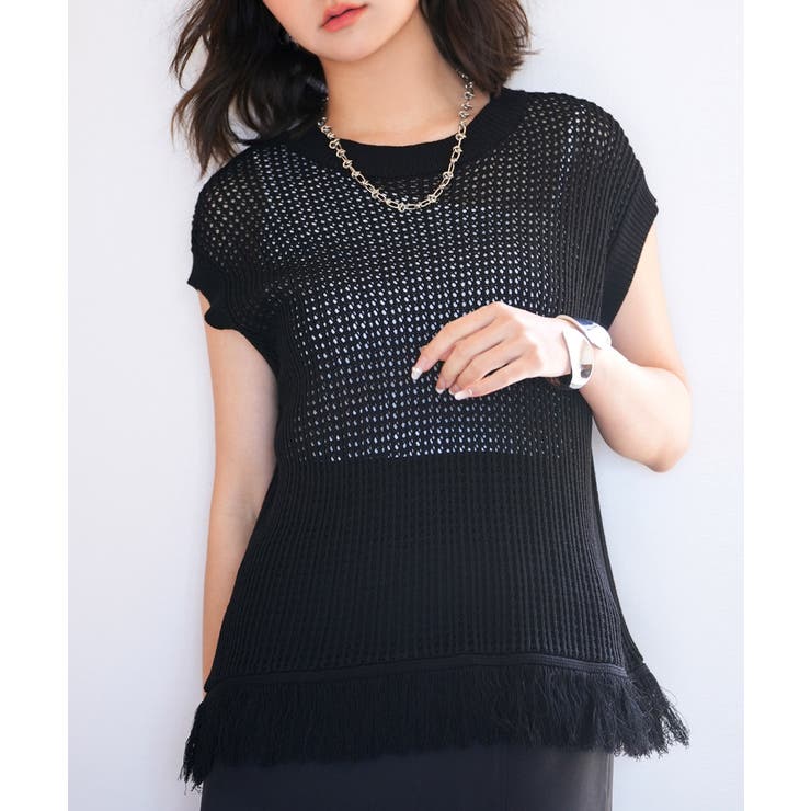 ブラック | 透かし編みフリンジデザインサマーニット | SAISON DE PAPILLON 