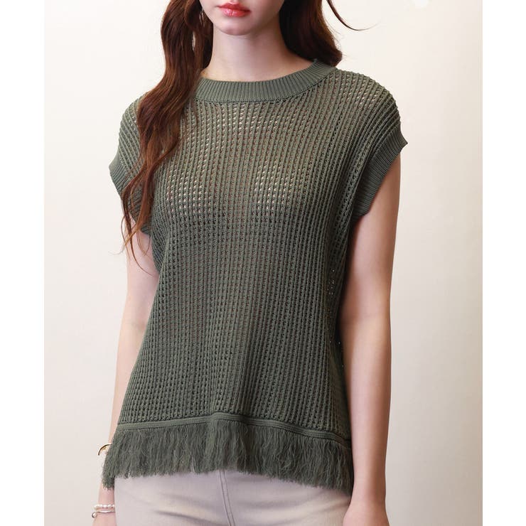 カーキ | 透かし編みフリンジデザインサマーニット | SAISON DE PAPILLON 