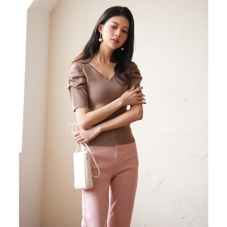 ギャザーパフスリーブVネックニットプルオーバー | SAISON DE PAPILLON  | 詳細画像5 