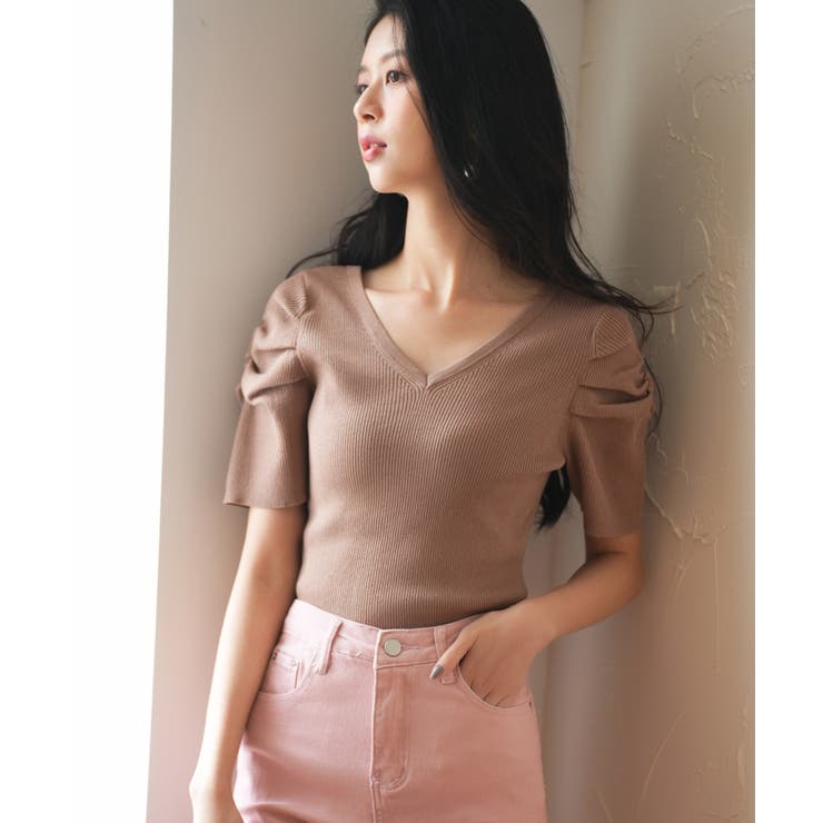 ギャザーパフスリーブVネックニットプルオーバー | SAISON DE PAPILLON  | 詳細画像7 