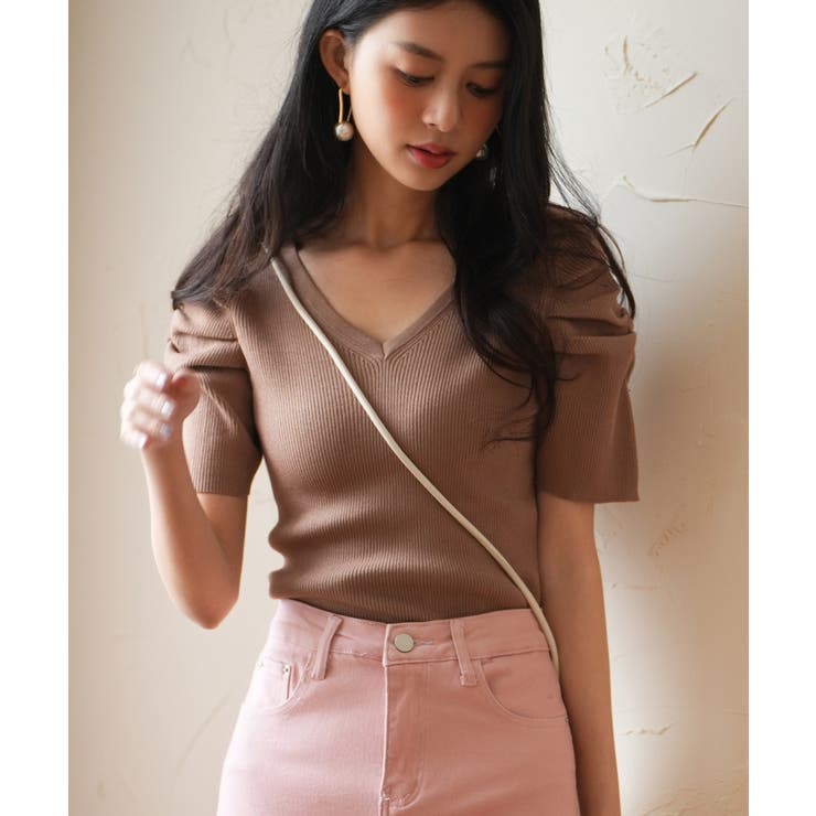 ギャザーパフスリーブVネックニットプルオーバー | SAISON DE PAPILLON  | 詳細画像8 