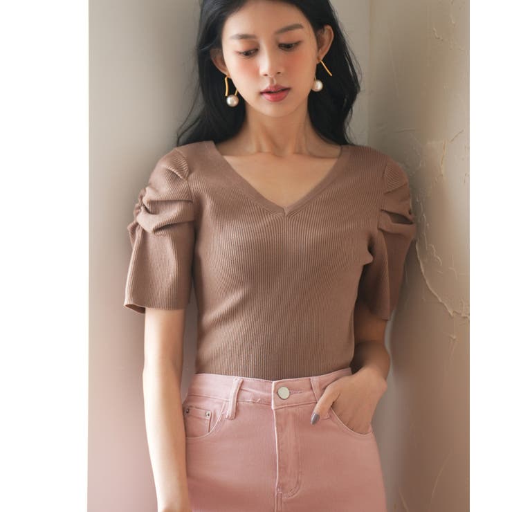 ギャザーパフスリーブVネックニットプルオーバー | SAISON DE PAPILLON  | 詳細画像10 