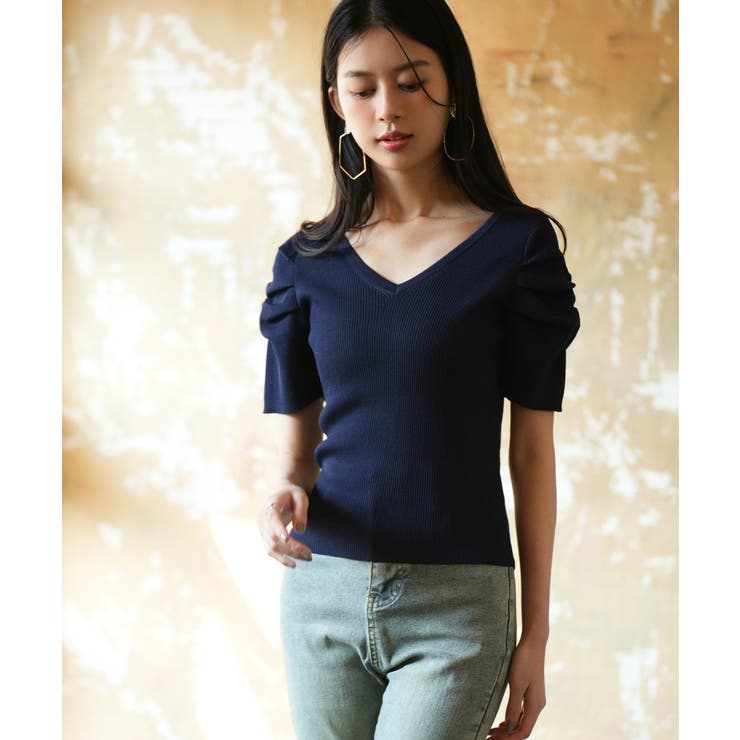 ギャザーパフスリーブVネックニットプルオーバー | SAISON DE PAPILLON  | 詳細画像18 