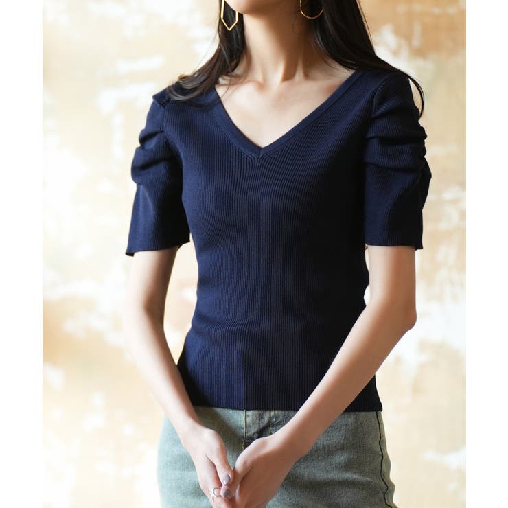 ギャザーパフスリーブVネックニットプルオーバー | SAISON DE PAPILLON  | 詳細画像19 