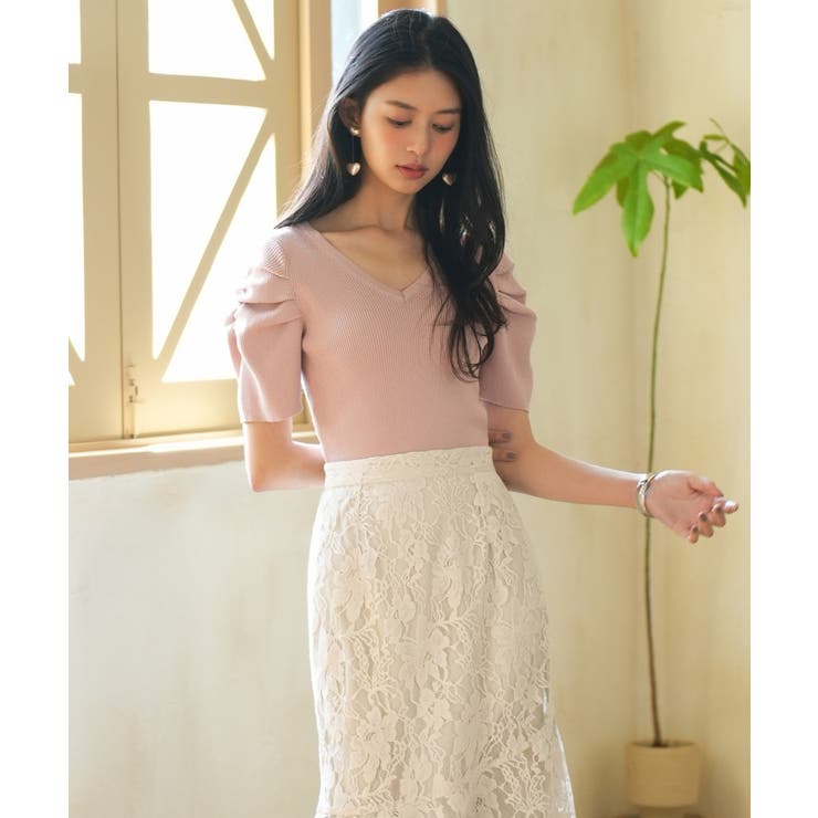 ギャザーパフスリーブVネックニットプルオーバー | SAISON DE PAPILLON  | 詳細画像26 