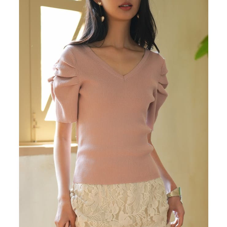 ギャザーパフスリーブVネックニットプルオーバー | SAISON DE PAPILLON  | 詳細画像28 