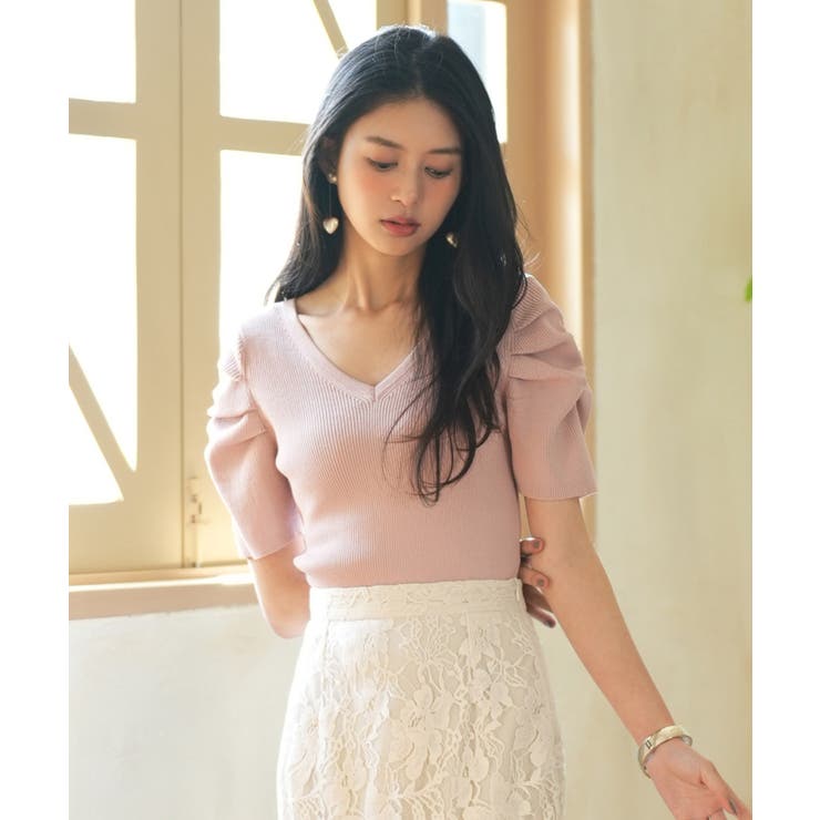 ギャザーパフスリーブVネックニットプルオーバー | SAISON DE PAPILLON  | 詳細画像29 