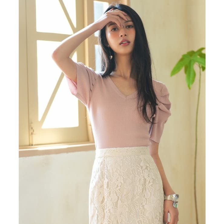 ギャザーパフスリーブVネックニットプルオーバー | SAISON DE PAPILLON  | 詳細画像31 