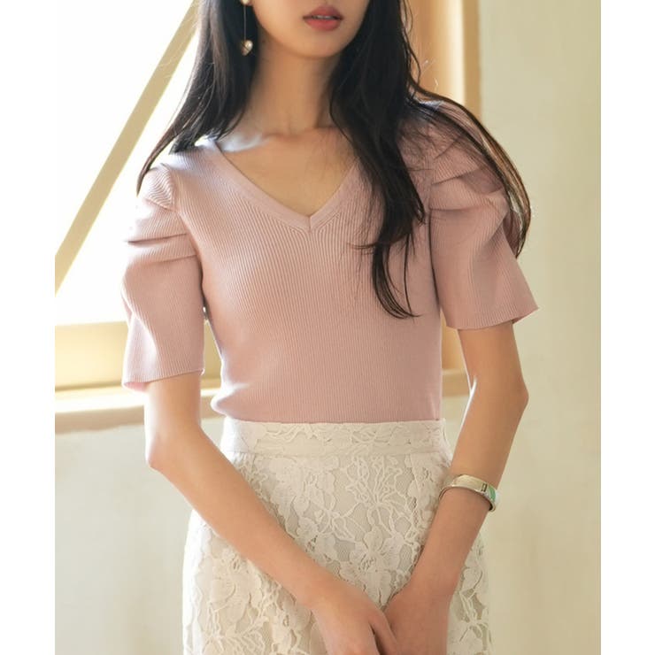 ギャザーパフスリーブVネックニットプルオーバー | SAISON DE PAPILLON  | 詳細画像32 