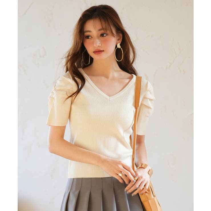 ギャザーパフスリーブVネックニットプルオーバー | SAISON DE PAPILLON  | 詳細画像43 