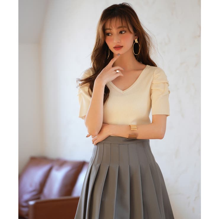 ギャザーパフスリーブVネックニットプルオーバー | SAISON DE PAPILLON  | 詳細画像48 