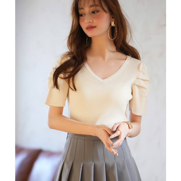 ギャザーパフスリーブVネックニットプルオーバー | SAISON DE PAPILLON  | 詳細画像51 