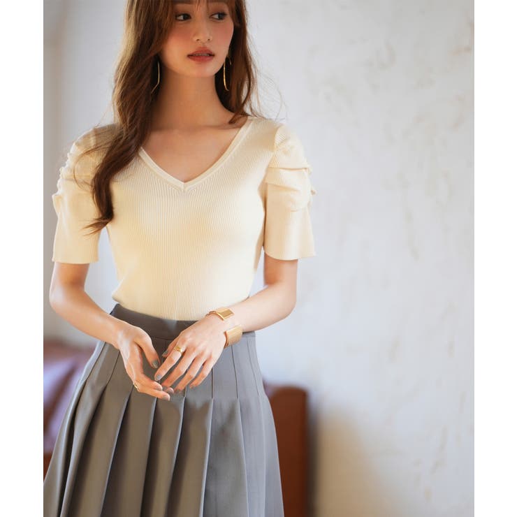 ギャザーパフスリーブVネックニットプルオーバー | SAISON DE PAPILLON  | 詳細画像53 