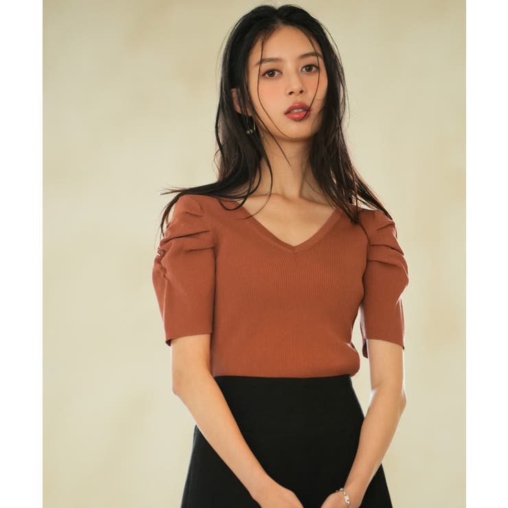 レンガ | ギャザーパフスリーブVネックニットプルオーバー | SAISON DE PAPILLON 