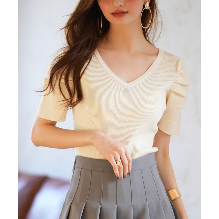 ギャザーパフスリーブVネックニットプルオーバー | SAISON DE PAPILLON  | 詳細画像55 