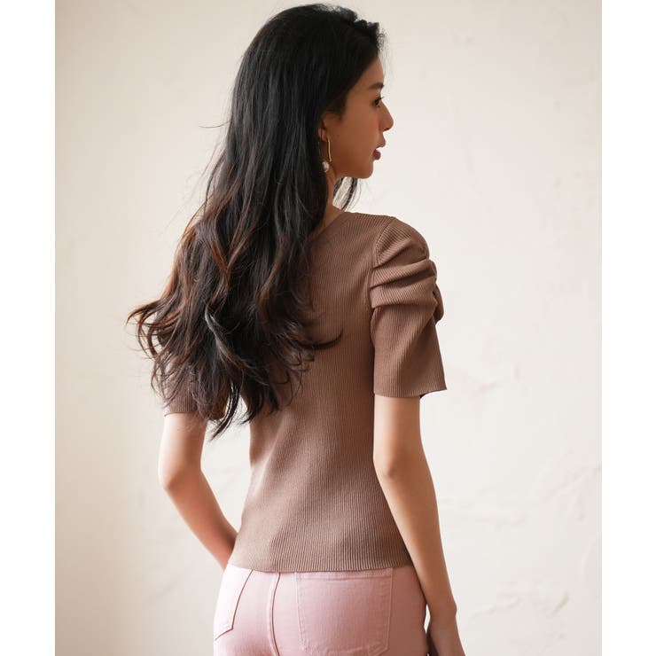 ギャザーパフスリーブVネックニットプルオーバー | SAISON DE PAPILLON  | 詳細画像4 