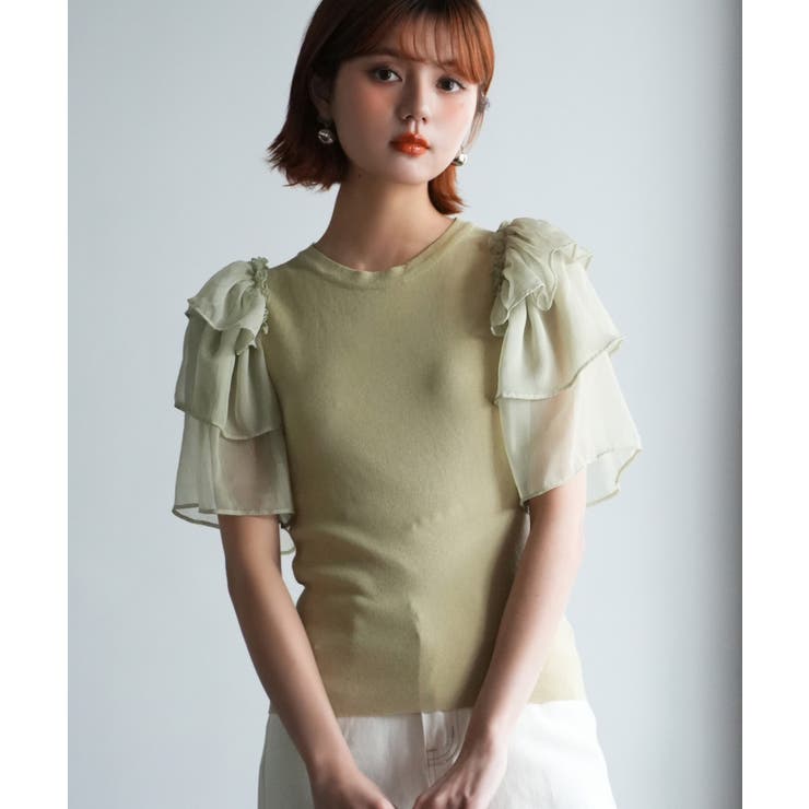 グリーン | シフォンスリーブ×ニットのドッキングプルオーバー | SAISON DE PAPILLON 