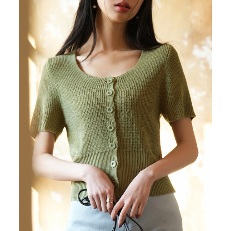 グリーン | リブ切り替えショート丈半袖ニット | SAISON DE PAPILLON 