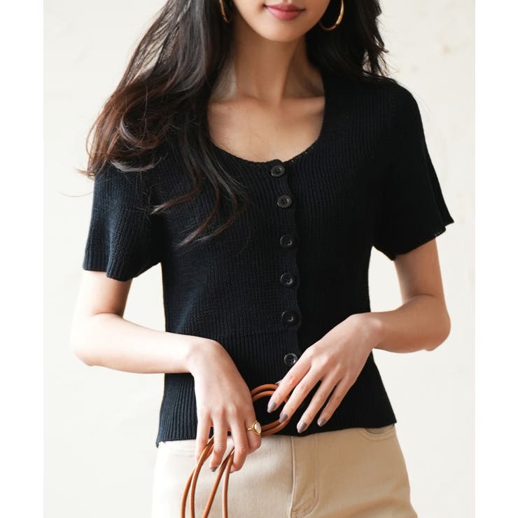 ブラック | リブ切り替えショート丈半袖ニット | SAISON DE PAPILLON 