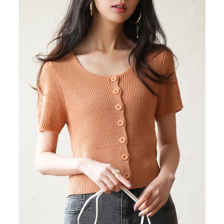 コーラル | リブ切り替えショート丈半袖ニット | SAISON DE PAPILLON 