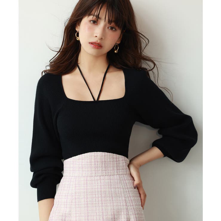 ブラック | フロントリボンボリュームスリーブニットプルオーバー | SAISON DE PAPILLON 