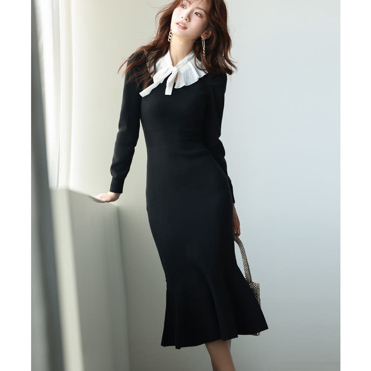 CHICWISH(シックウィッシュ)｜ドルマンスリーブニットワンピース セール】 配色リブニットドッキングワンピース （ロング・マキシ