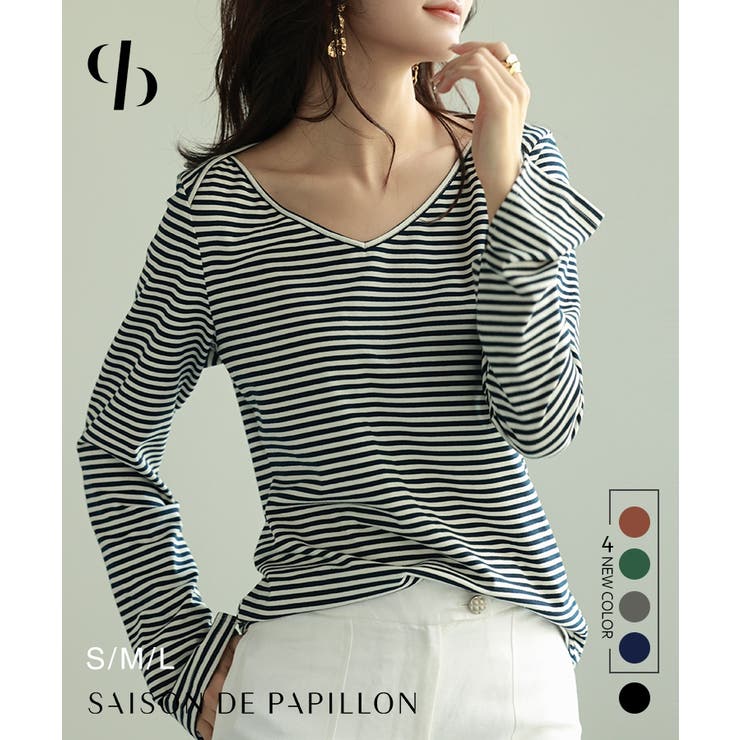 細ボーダー柄 WOMAN 細ボーダー柄長袖Tシャツ BLUE 韓国ファッション 