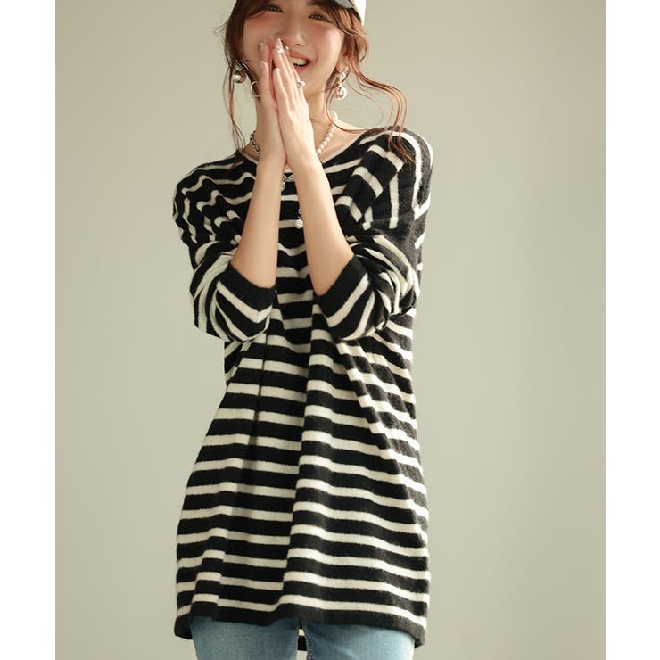 ボーダー柄オーバーサイズチュニックニット | SAISON DE PAPILLON  | 詳細画像10 