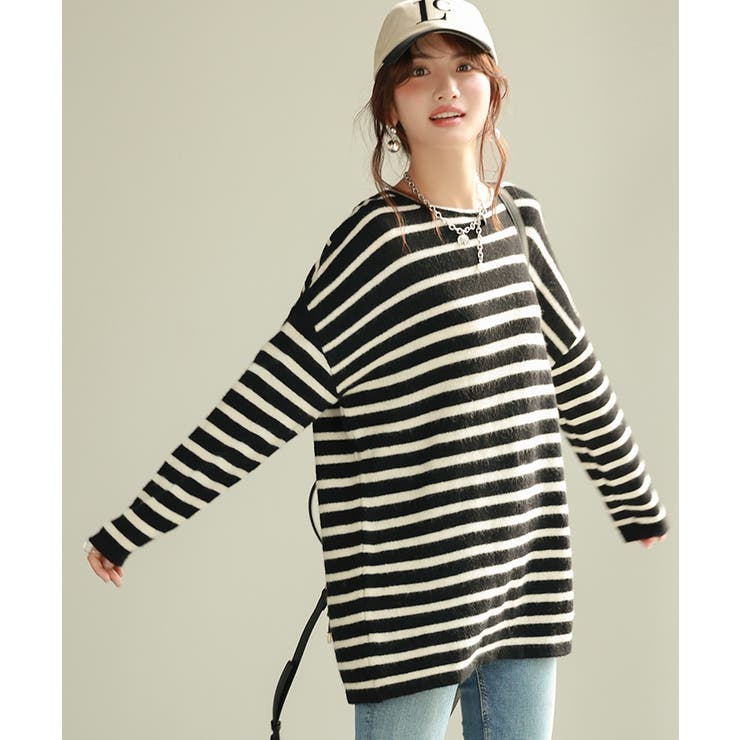 ボーダー柄オーバーサイズチュニックニット | SAISON DE PAPILLON  | 詳細画像11 