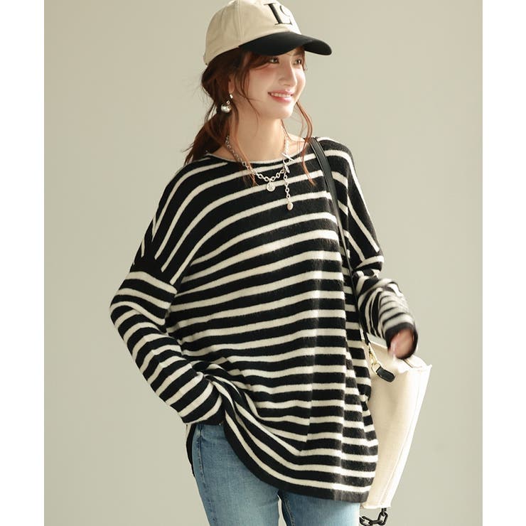 ボーダー柄オーバーサイズチュニックニット | SAISON DE PAPILLON  | 詳細画像12 