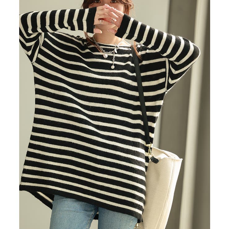 ボーダー柄オーバーサイズチュニックニット | SAISON DE PAPILLON  | 詳細画像14 