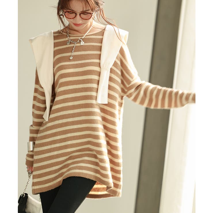 ボーダー柄オーバーサイズチュニックニット | SAISON DE PAPILLON  | 詳細画像25 