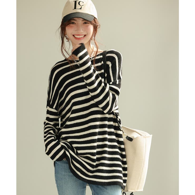 ボーダー柄オーバーサイズチュニックニット | SAISON DE PAPILLON  | 詳細画像4 