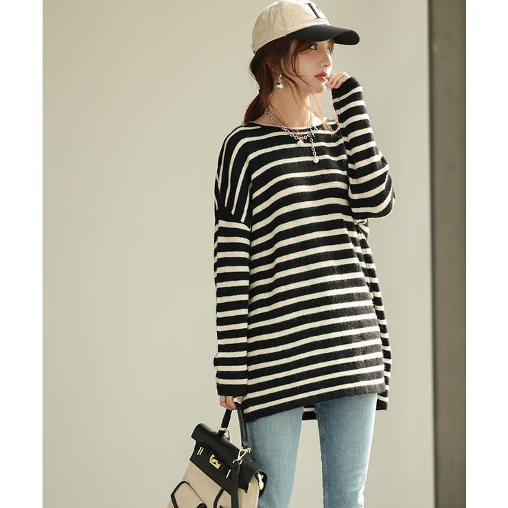 ボーダー柄オーバーサイズチュニックニット | SAISON DE PAPILLON  | 詳細画像7 