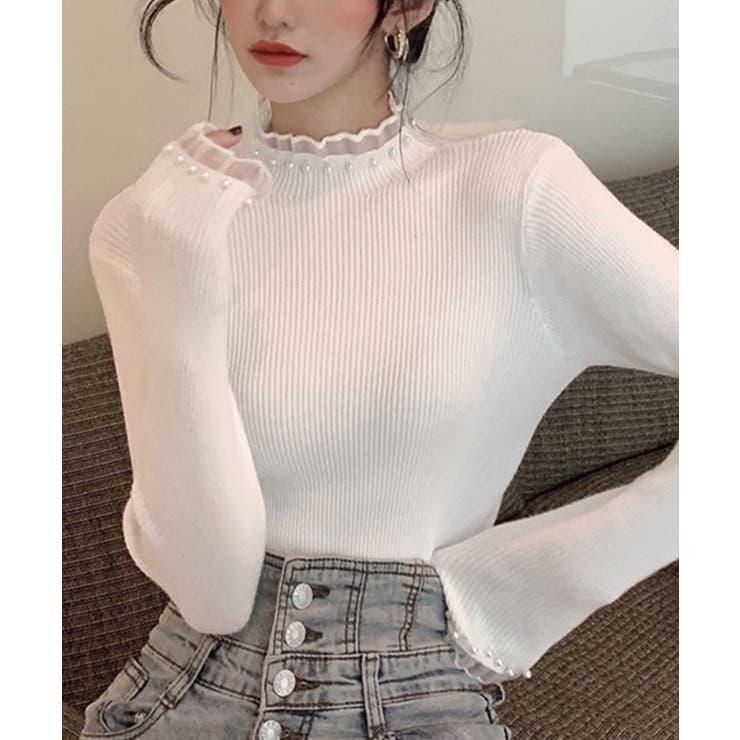 春まで着れる リブニットトップス フリルとパールがアクセント | SEU | 詳細画像9 