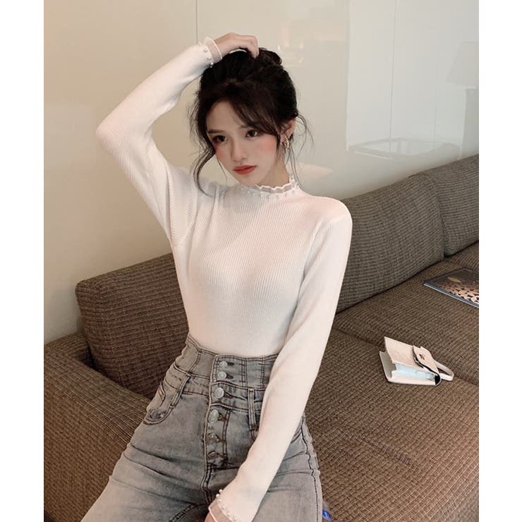 春まで着れる リブニットトップス フリルとパールがアクセント | SEU | 詳細画像11 